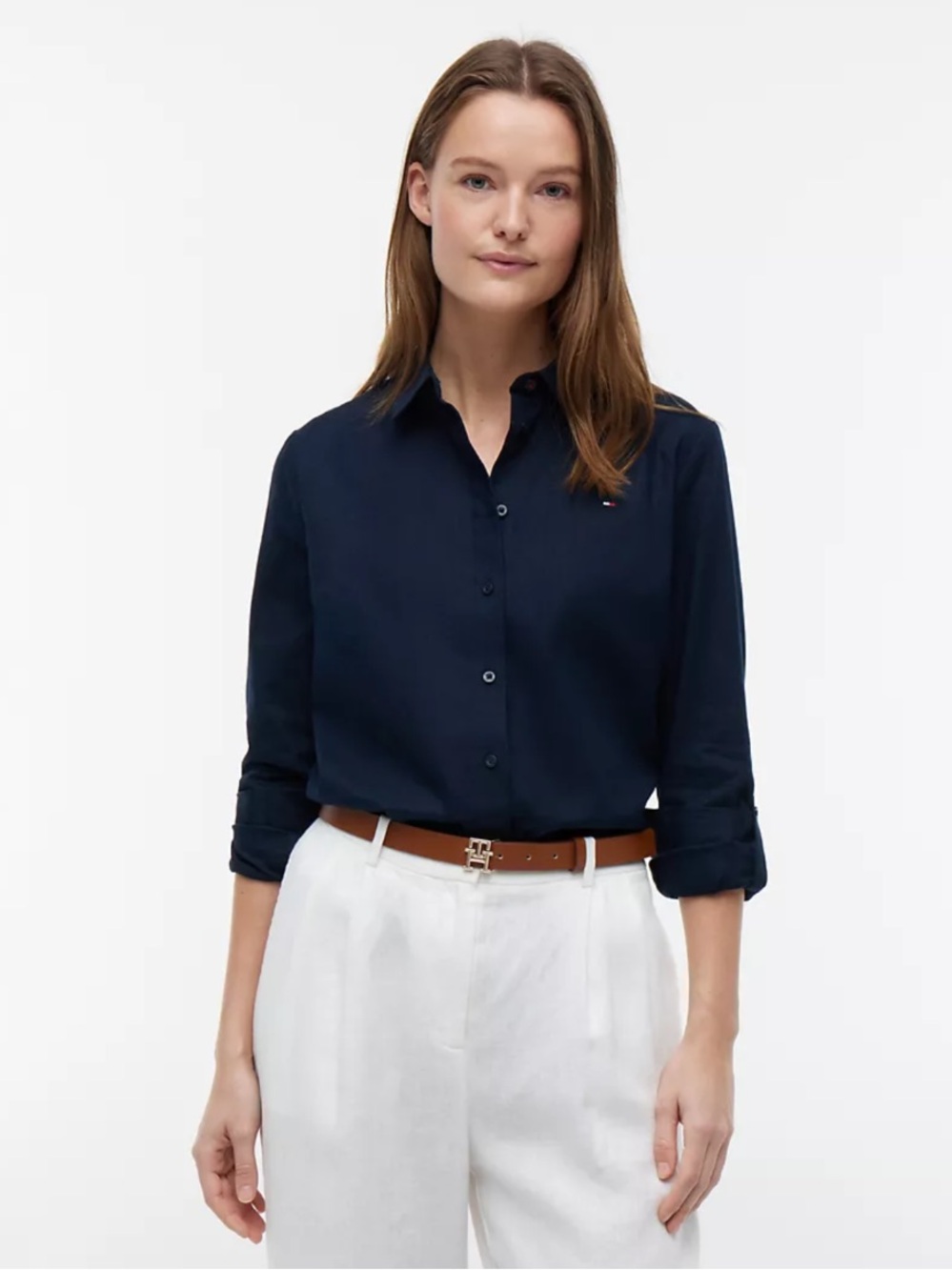 Tommy Hilfiger Women's Relaxed Fit Navy 100% Linen Button-Down Shirt